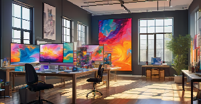 A bright and colorful digital art studio with NFT artworks on display, illuminated by sunlight through large windows.