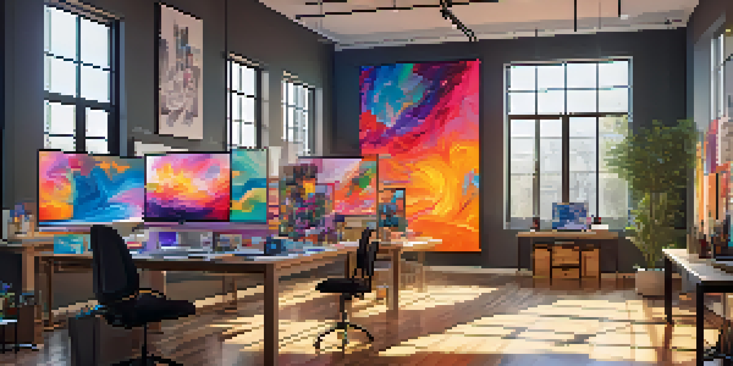 A bright and colorful digital art studio with NFT artworks on display, illuminated by sunlight through large windows.