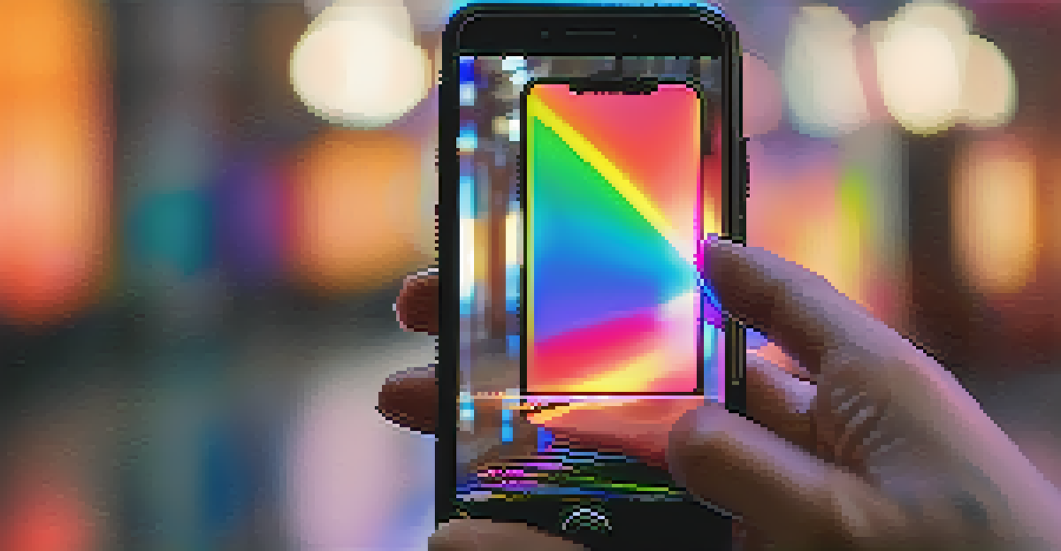 A close-up of a person holding a smartphone with a vibrant digital artwork NFT displayed on the screen, with colorful reflections on their face.