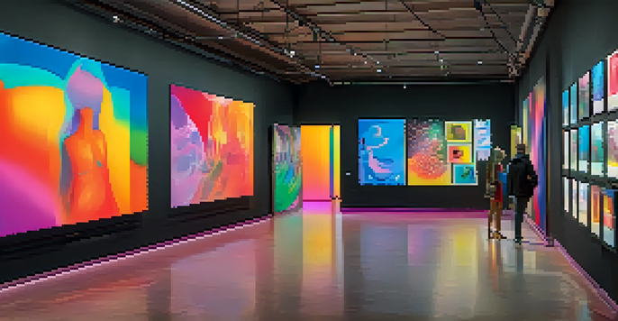 A digital gallery filled with colorful NFT artworks and people admiring the pieces.