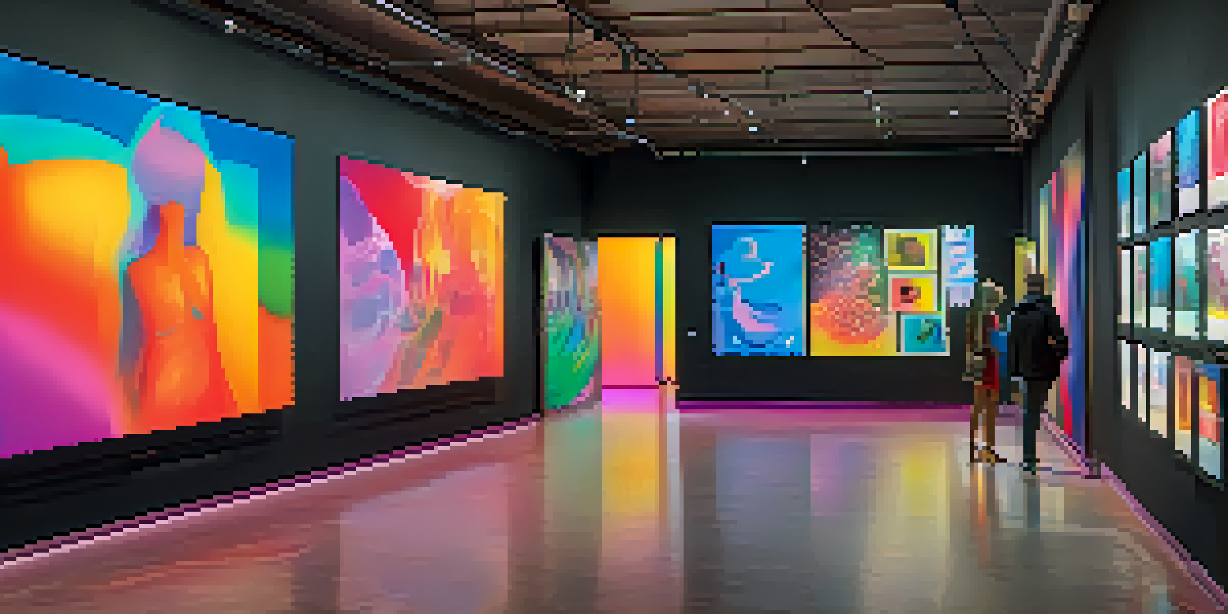 A digital gallery filled with colorful NFT artworks and people admiring the pieces.