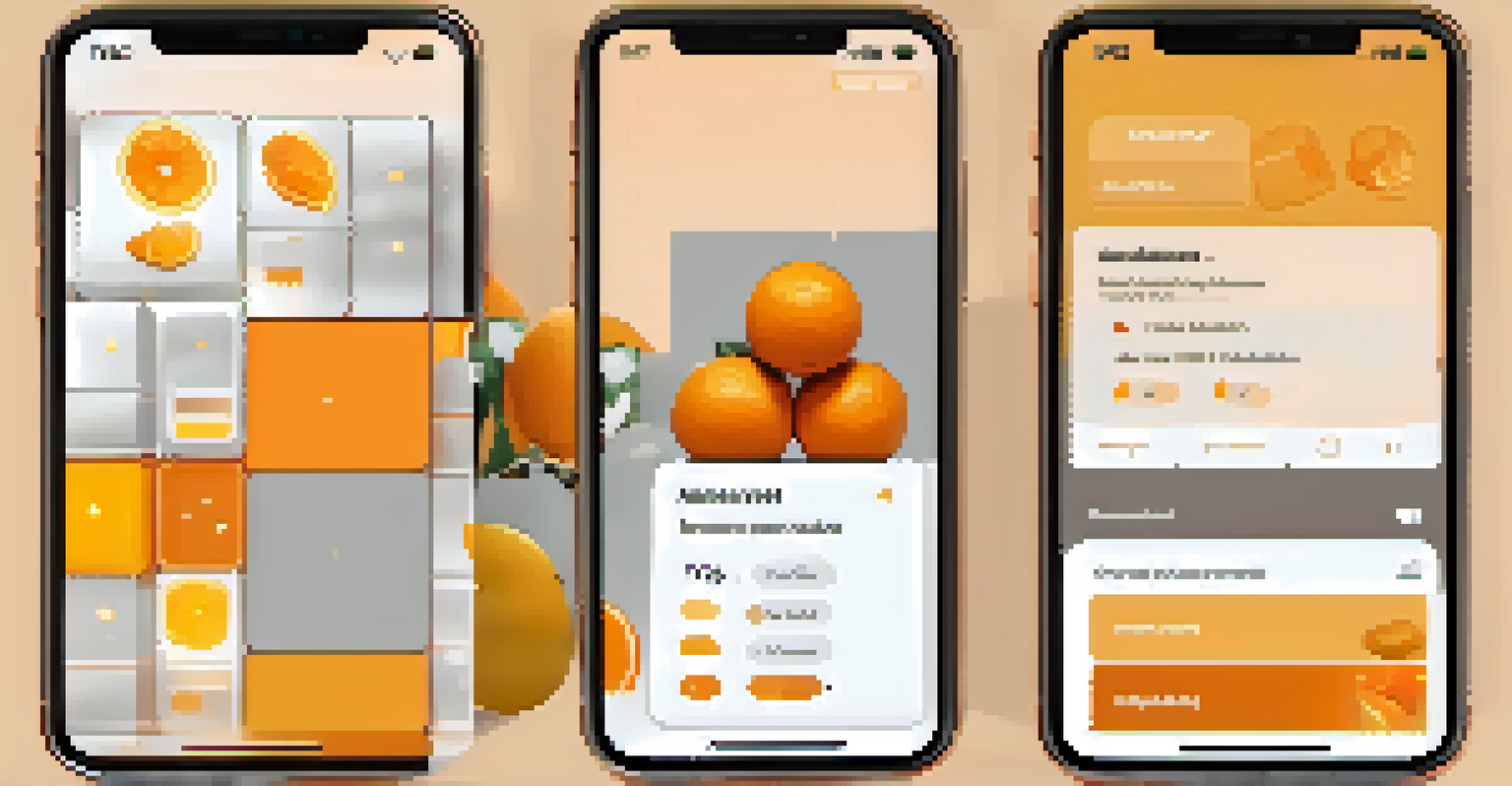 A mobile NFT platform interface showing interactive buttons and colorful NFTs, designed with a warm color palette and textured background.