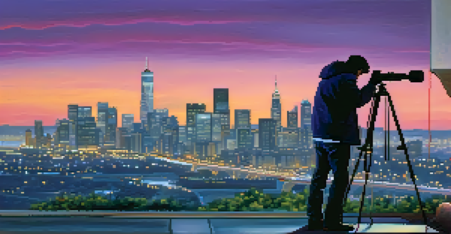 A photographer capturing a city skyline at twilight, with city lights and a gradient sky in the background.