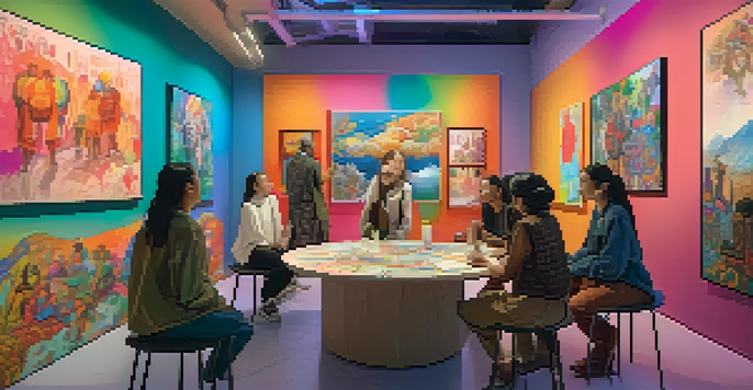 A diverse group of people discussing digital artworks in a virtual gallery filled with colorful NFT displays.
