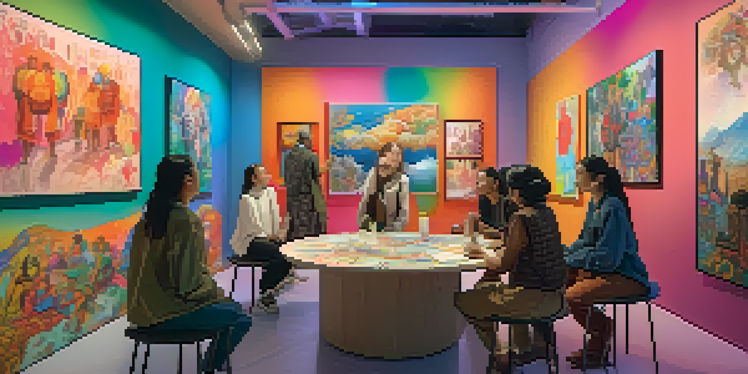 A diverse group of people discussing digital artworks in a virtual gallery filled with colorful NFT displays.