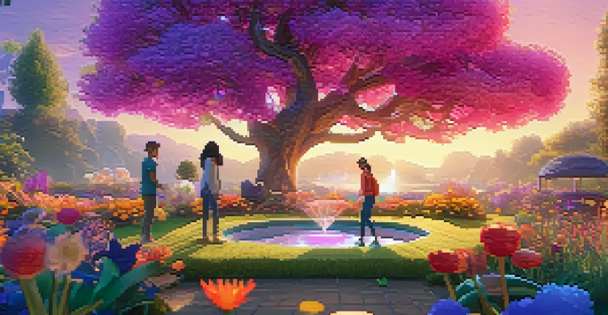 A user joyfully interacting with colorful, whimsical NFT companions in a vibrant digital garden.
