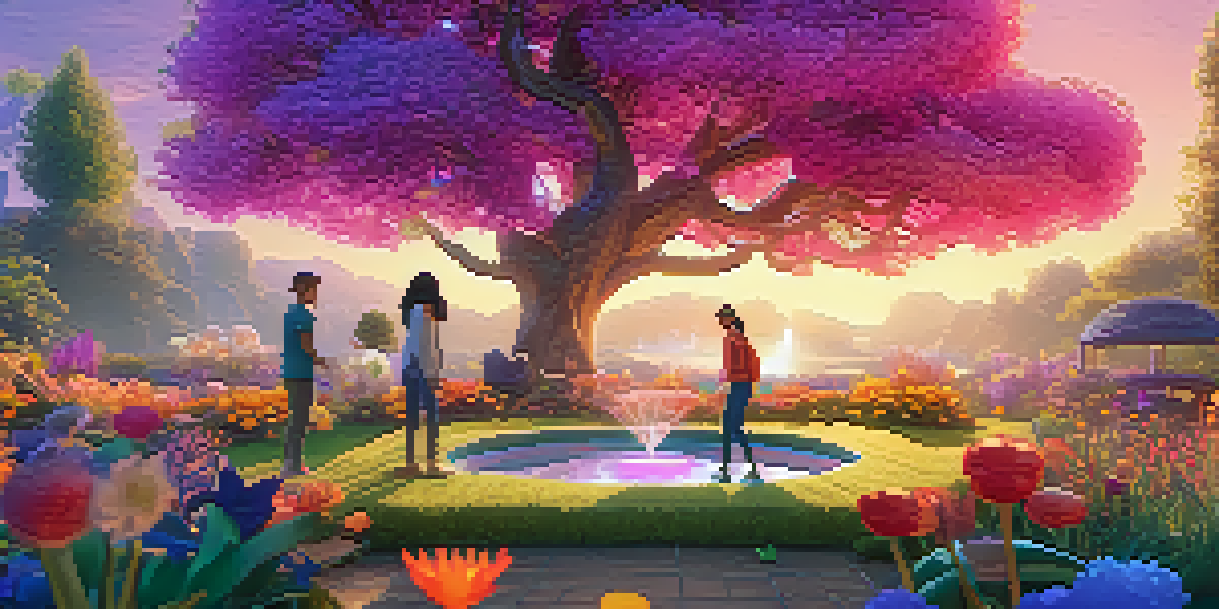 A user joyfully interacting with colorful, whimsical NFT companions in a vibrant digital garden.