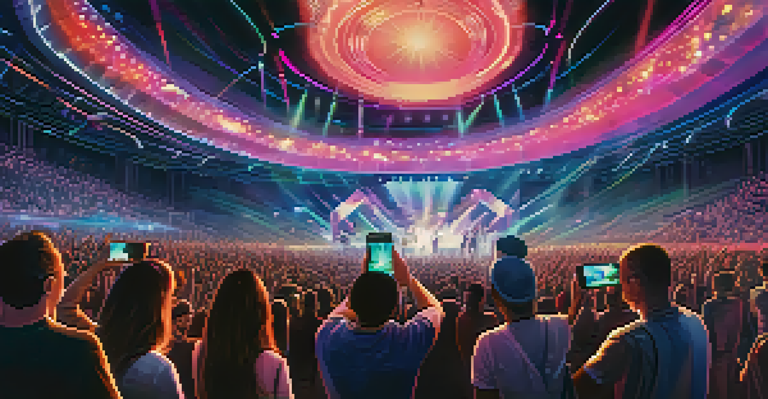 A futuristic music concert with fans receiving exclusive NFTs on their smartphones, featuring dynamic stage lights and holograms.