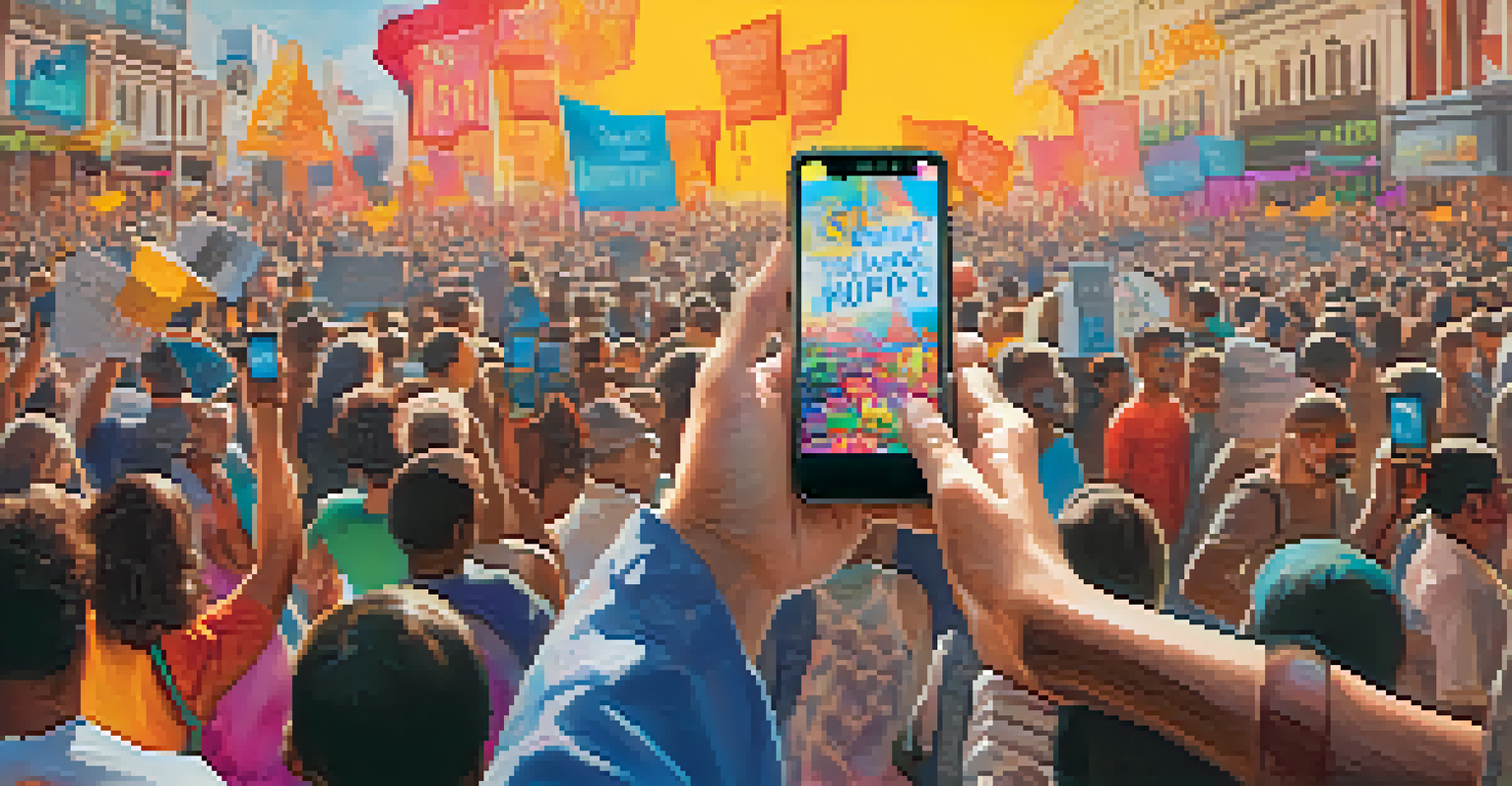 A hand holding a smartphone displaying a colorful NFT artwork, with blurred figures of activists in the background.