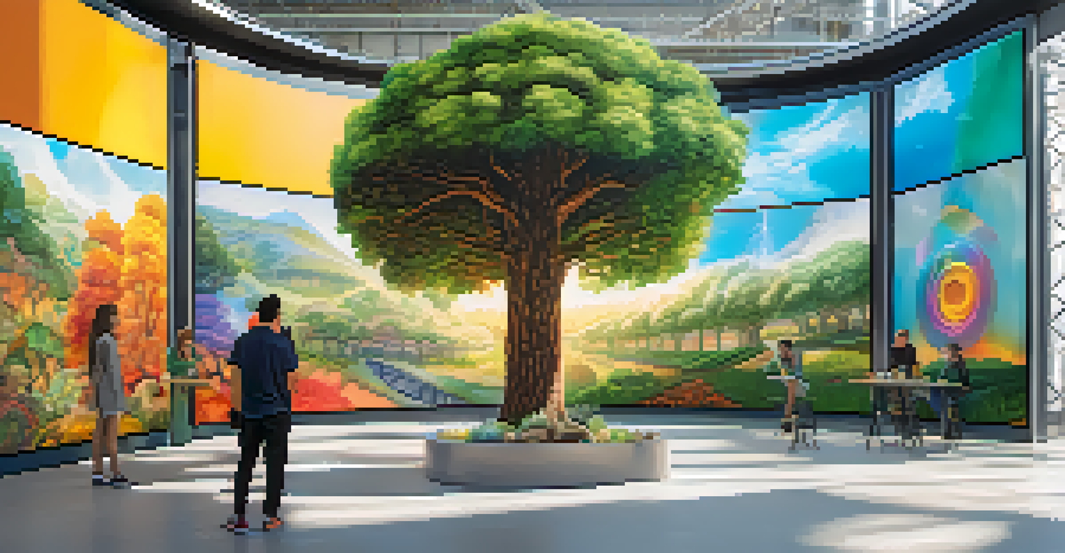 An artist creating a tree mural, representing carbon offsetting in the NFT community, with digital screens displaying NFTs in the background.