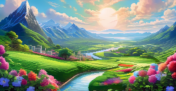 A serene landscape blending traditional finance and blockchain technology, with a green field and futuristic city skyline.