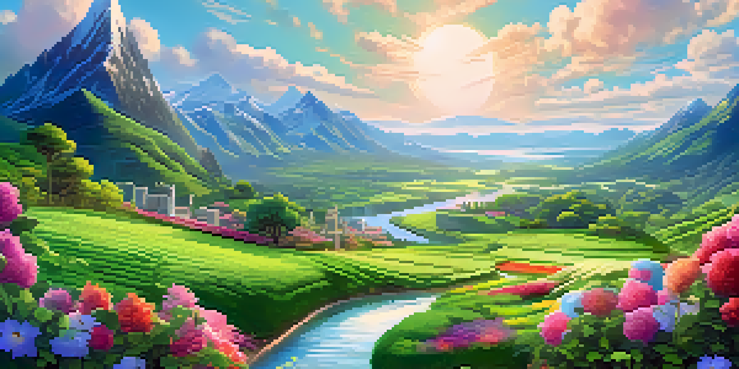 A serene landscape blending traditional finance and blockchain technology, with a green field and futuristic city skyline.