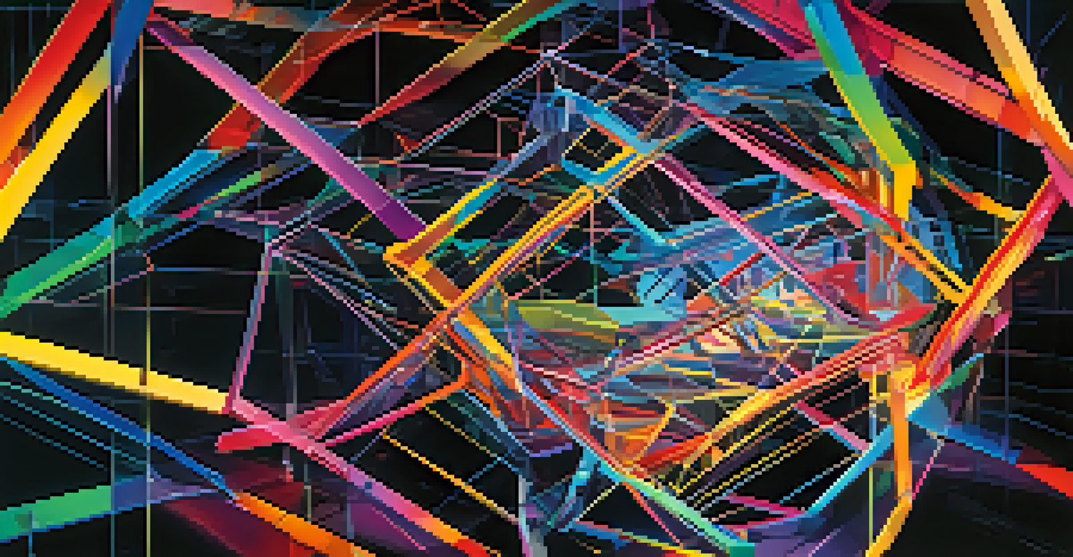 An abstract digital art piece representing blockchain technology with interconnected nodes and vibrant colors against a dark background.