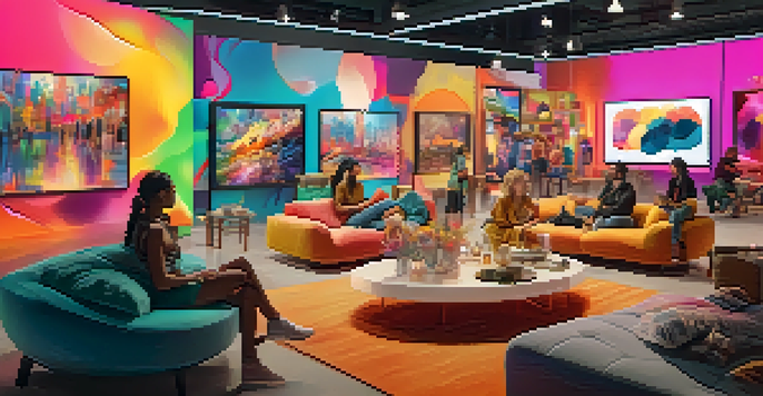 A digital art marketplace with a diverse group of people interacting with large screens displaying colorful NFT art pieces. The scene has warm lighting and textured decor, creating an inviting atmosphere.