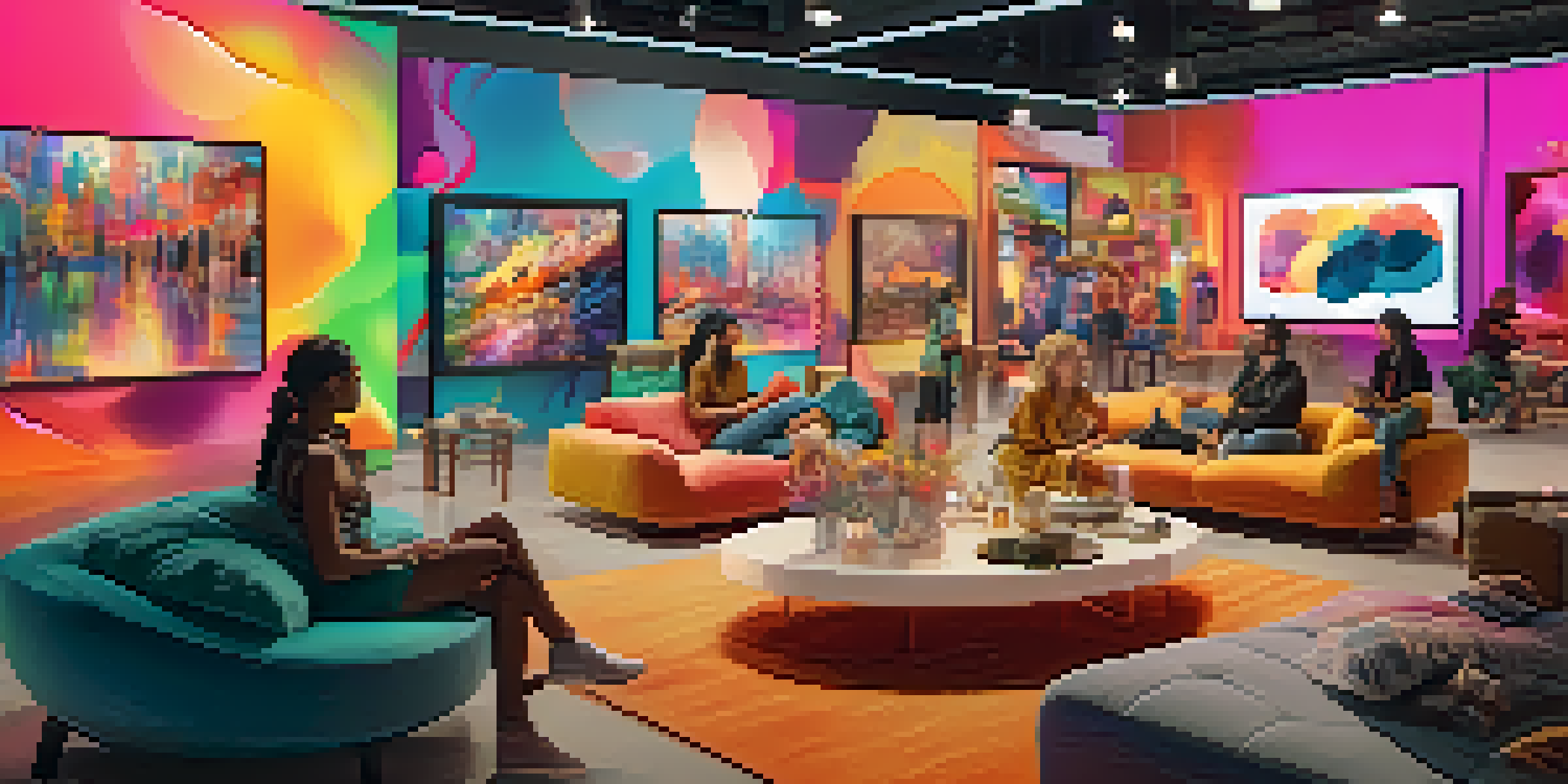 A digital art marketplace with a diverse group of people interacting with large screens displaying colorful NFT art pieces. The scene has warm lighting and textured decor, creating an inviting atmosphere.