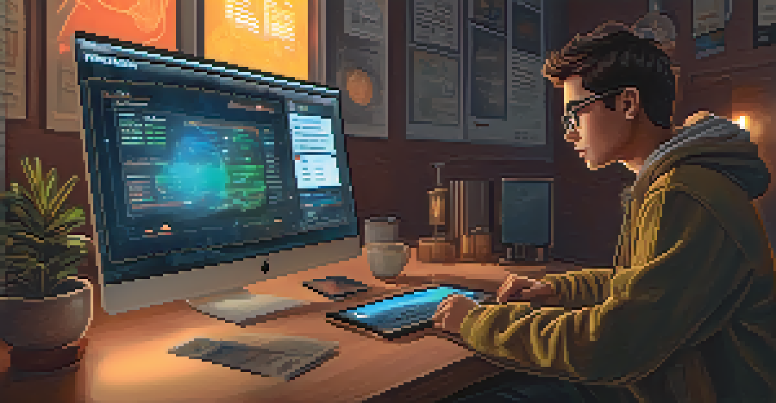 A person at a computer analyzing gas fees for NFTs, with a digital wallet interface on the screen and cryptocurrency symbols in the background.