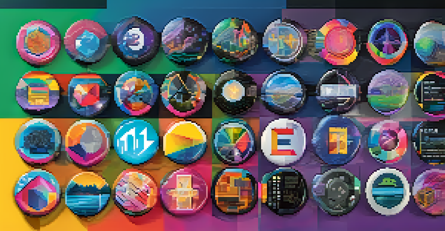 An artistic representation of unique digital badges (NFTs) awarded to students, featuring various subject designs in a futuristic digital landscape with vibrant colors.