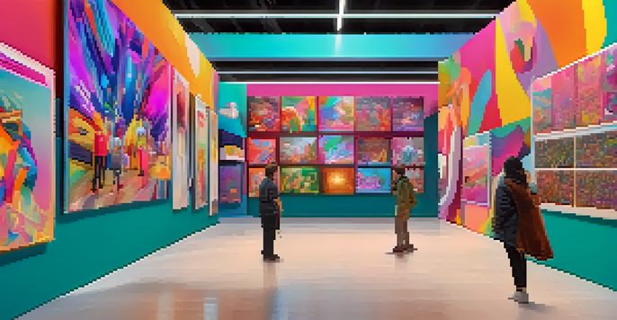 A digital art marketplace with colorful NFTs displayed on virtual walls, featuring diverse artworks and people interacting in a lively atmosphere.