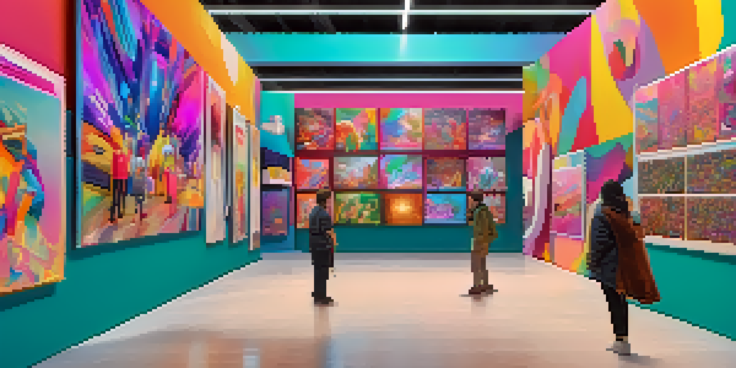 A digital art marketplace with colorful NFTs displayed on virtual walls, featuring diverse artworks and people interacting in a lively atmosphere.