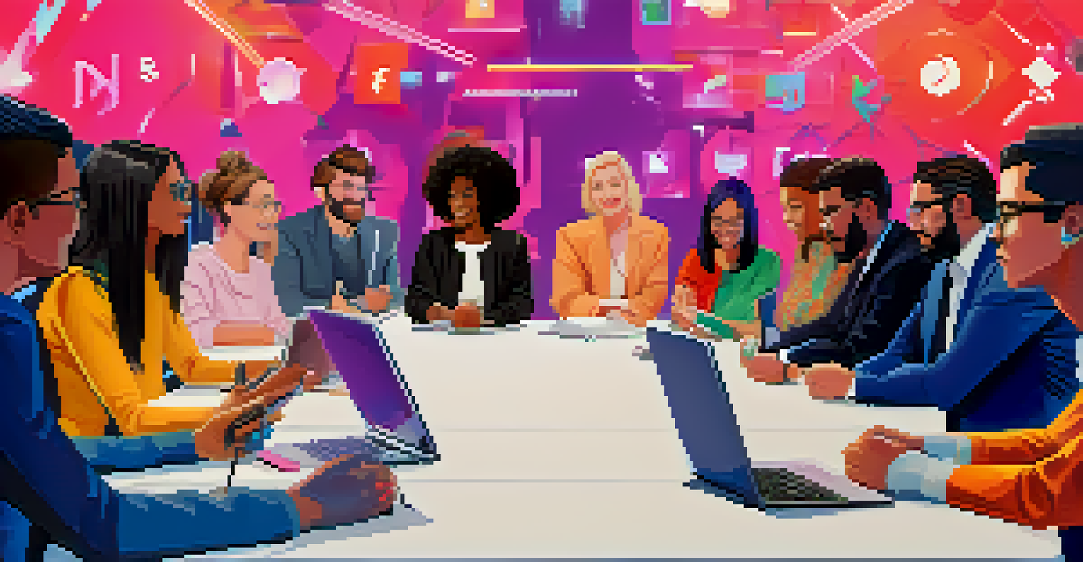 A virtual meet-and-greet event with a journalist and diverse NFTs holders interacting in a colorful digital space.
