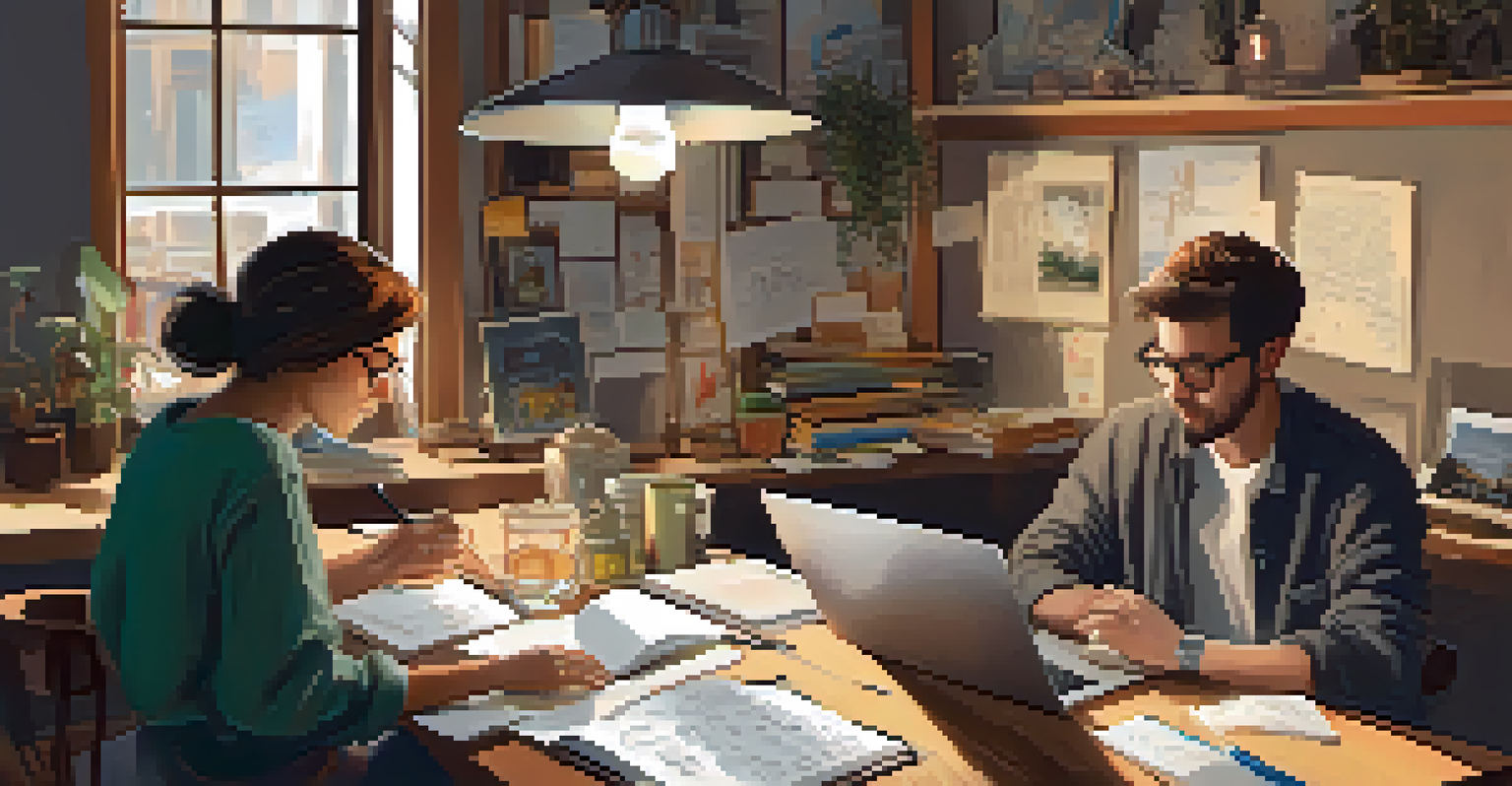 An artist and a writer collaborating on a digital storybook in a cozy workspace filled with sketches and notes.