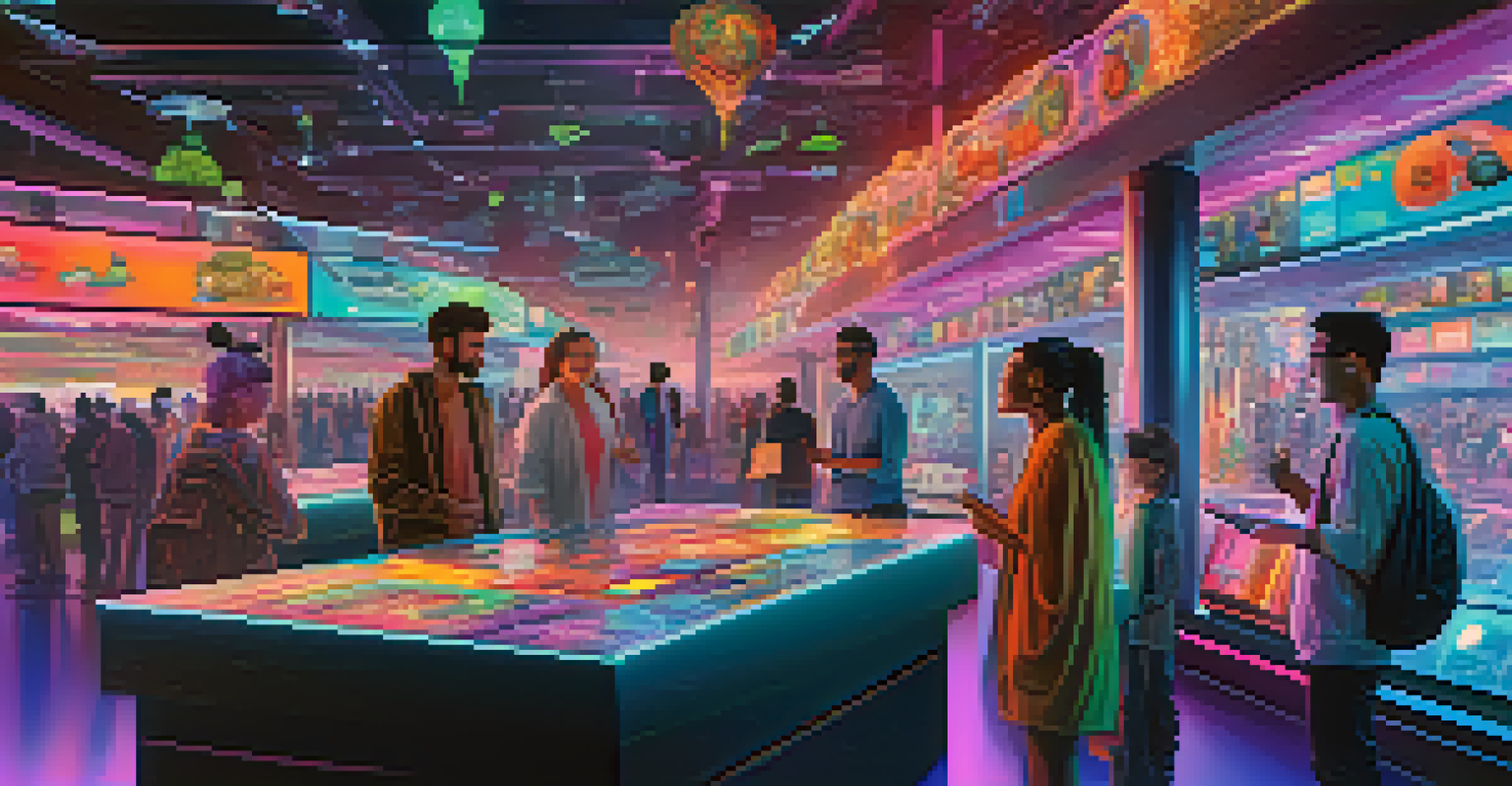 A futuristic digital marketplace with avatars engaging in NFT transactions, surrounded by holographic art displays and neon lights.