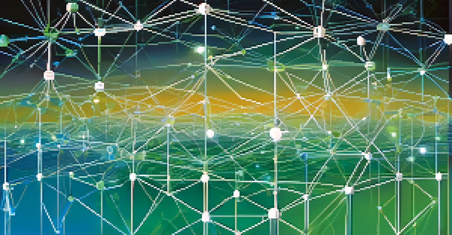 An abstract depiction of decentralized governance with interconnected nodes representing community involvement in NFT projects.