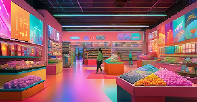 A digital marketplace with colorful NFT art pieces and a user-friendly interface, set in a bright and inviting atmosphere.