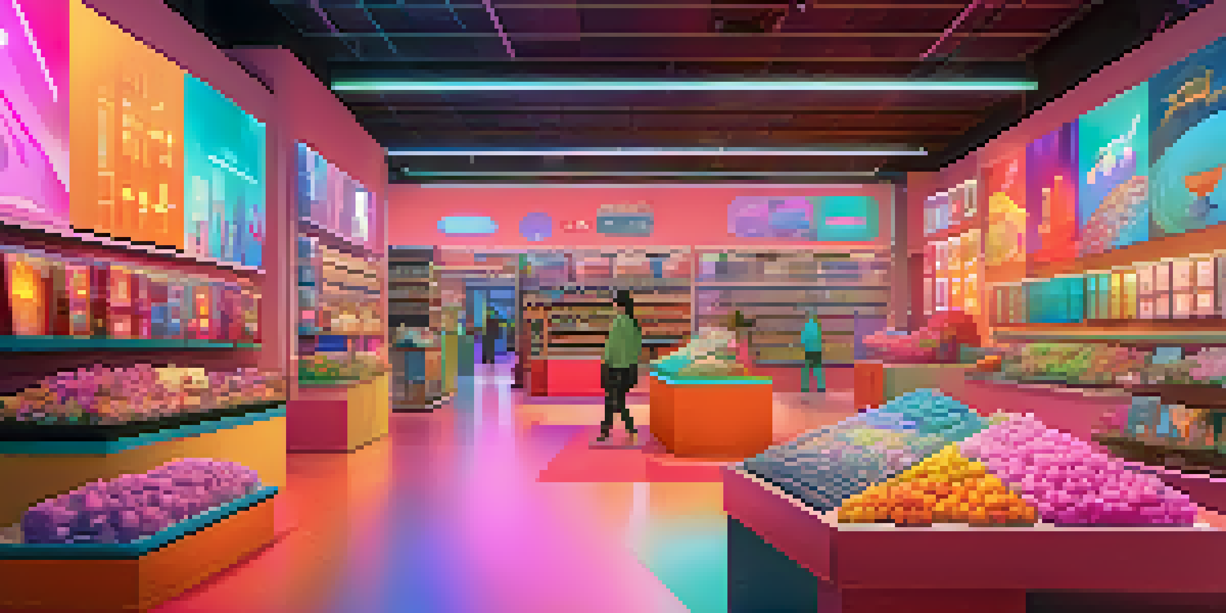 A digital marketplace with colorful NFT art pieces and a user-friendly interface, set in a bright and inviting atmosphere.