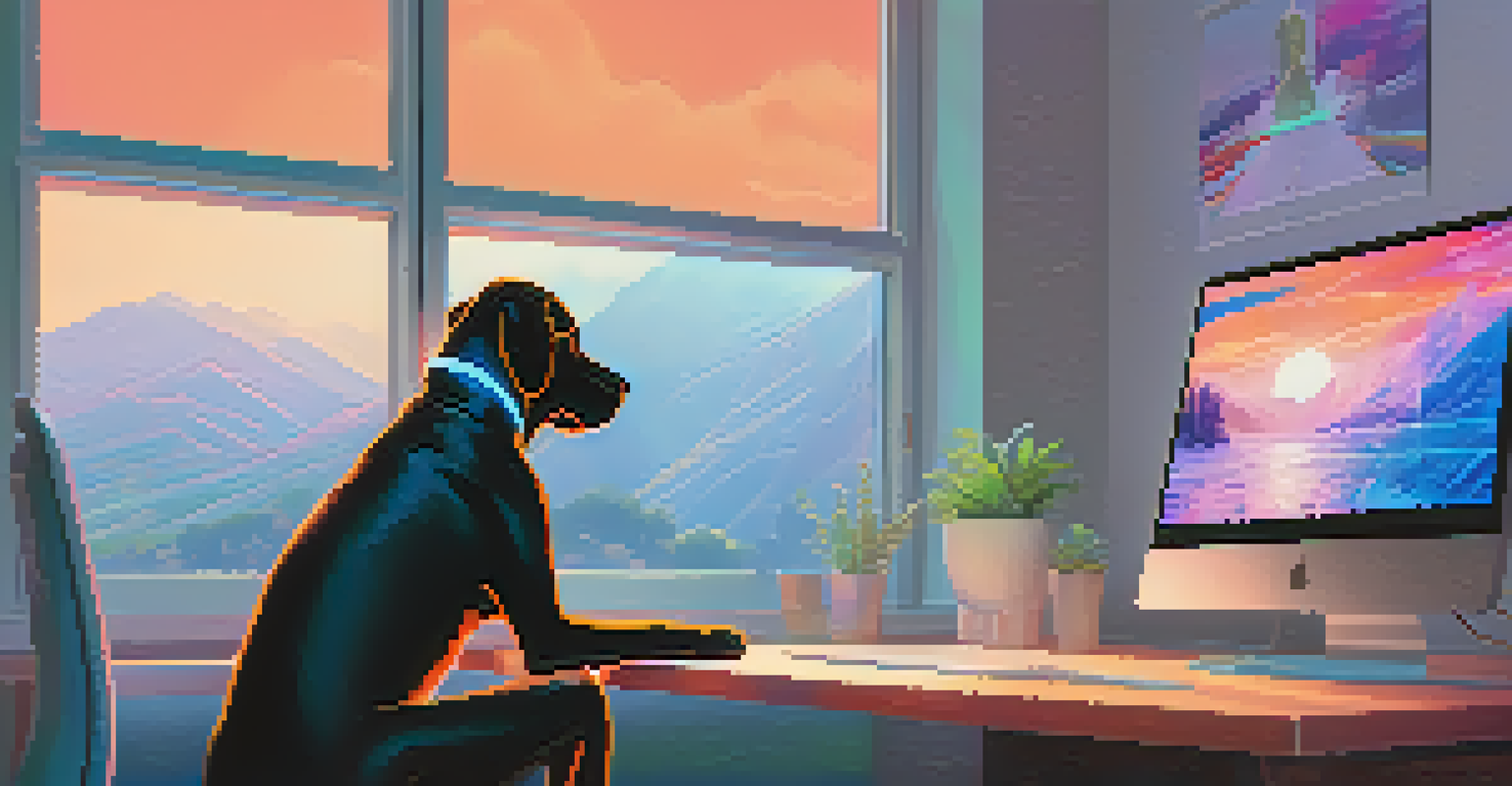 A user with a guide dog seated at a desk using a screen reader to interact with a computer displaying vibrant NFT art. The scene is bright and airy with large windows, promoting inclusivity.