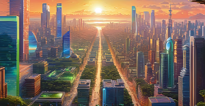 A futuristic city with holographic displays and people using augmented reality glasses during sunset.