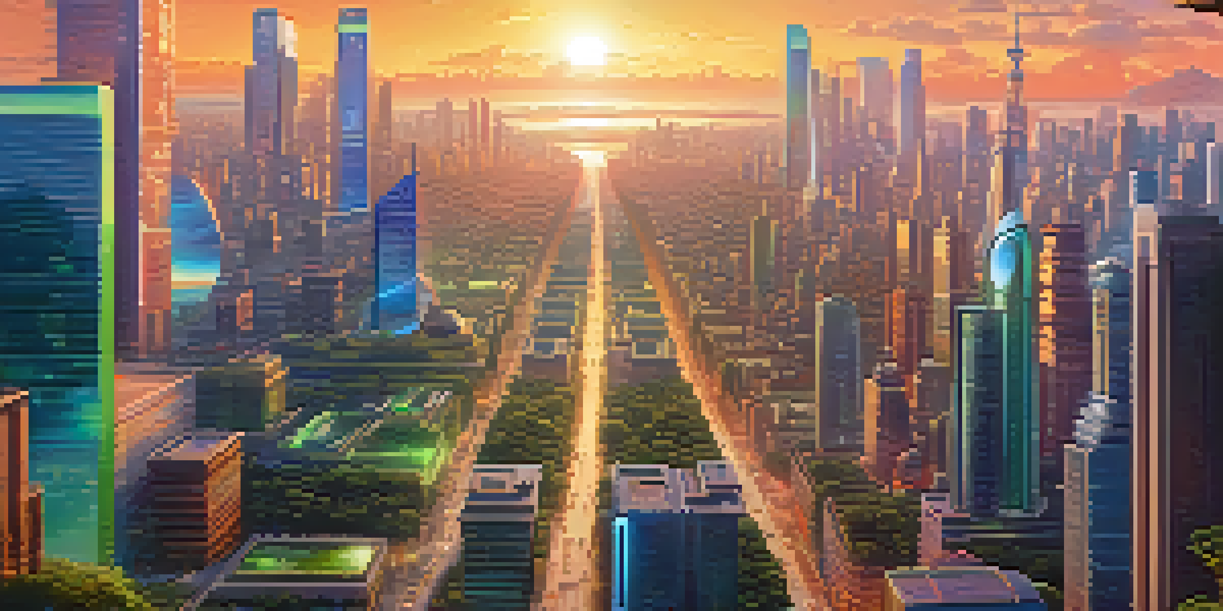 A futuristic city with holographic displays and people using augmented reality glasses during sunset.