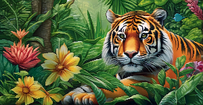A colorful digital artwork of an endangered species, surrounded by lush greenery, emphasizing sustainability.