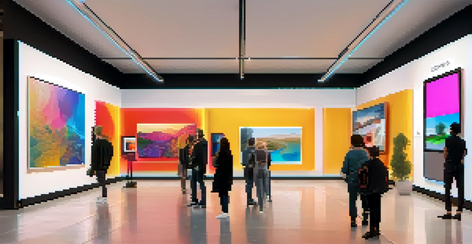 A digital art gallery filled with people looking at utility NFTs displayed on screens, with colorful artworks and modern architecture.