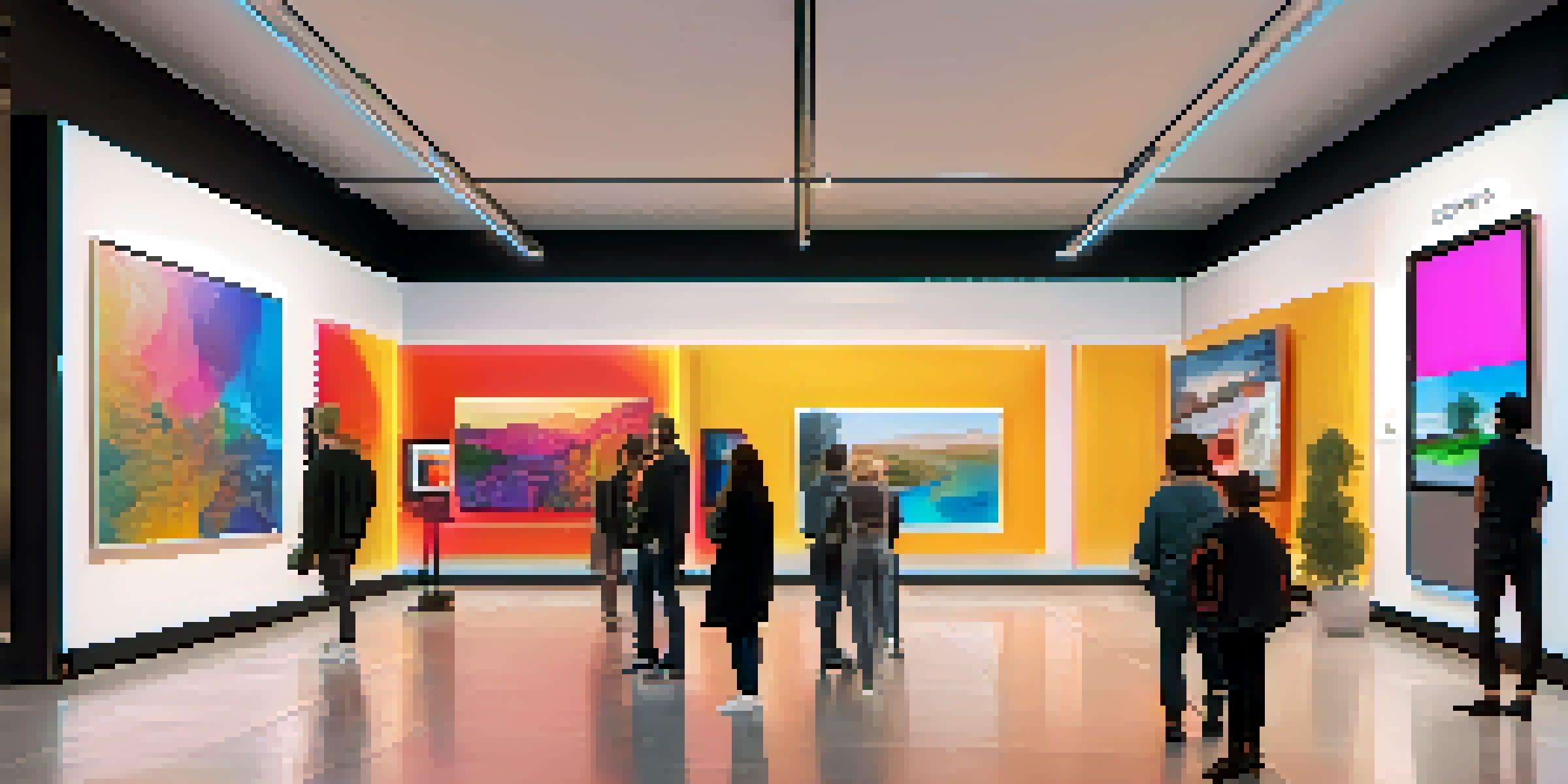 A digital art gallery filled with people looking at utility NFTs displayed on screens, with colorful artworks and modern architecture.
