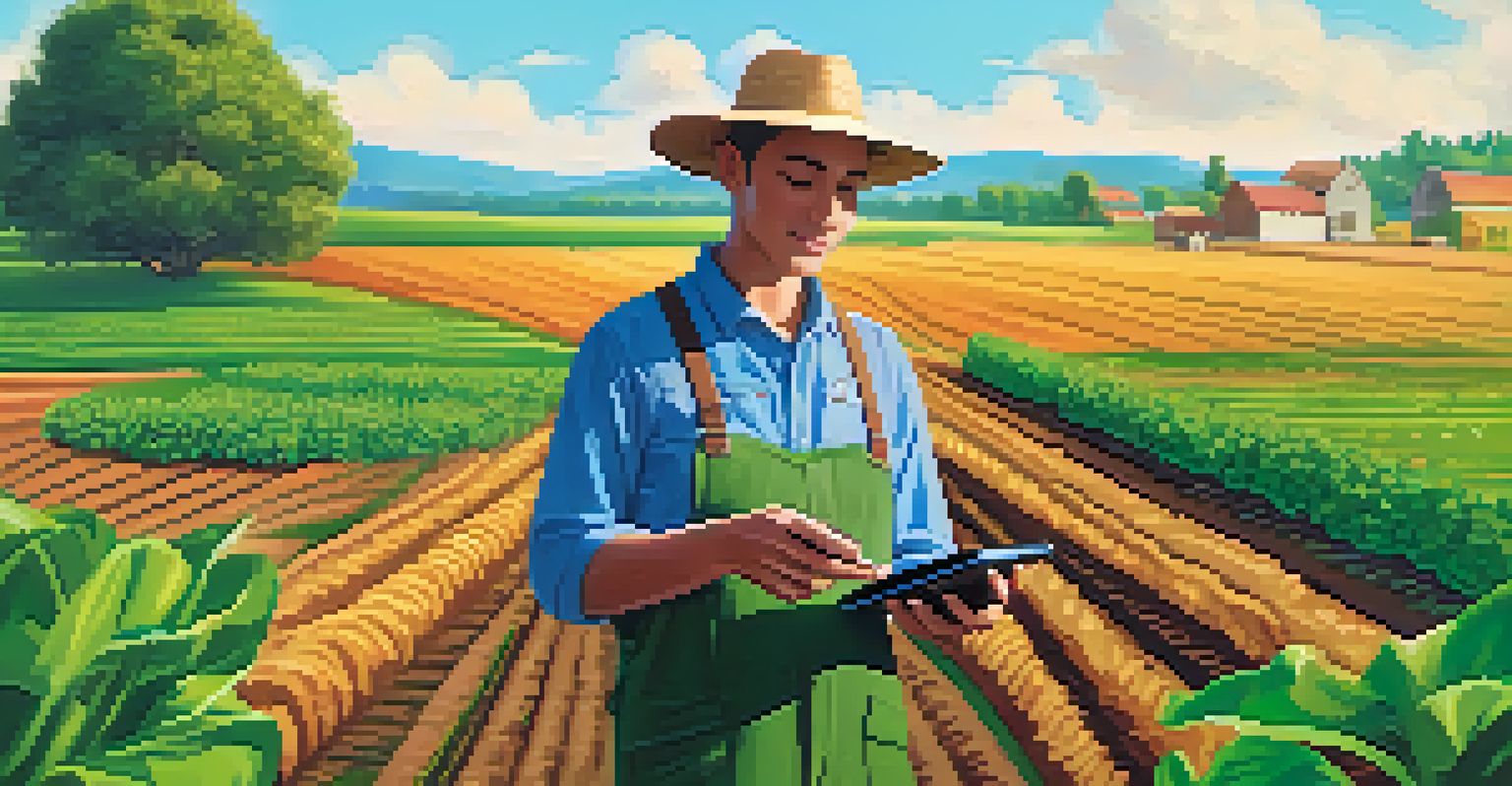 A farmer in a sustainable field holding a smartphone, with digital icons representing traceability and NFTs overlaying the image.