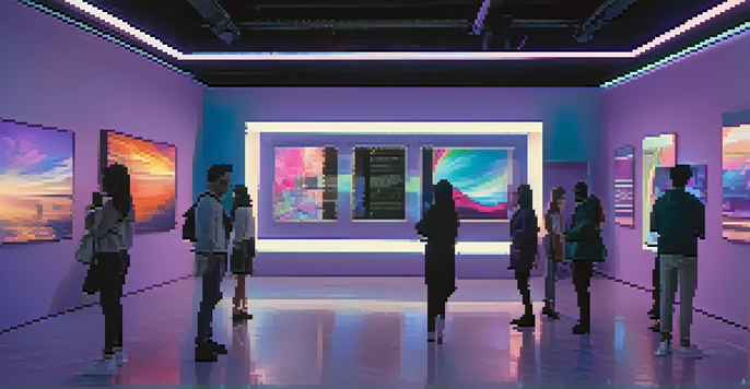 A digital art gallery filled with colorful NFTs displayed on screens, with people admiring the artwork in a softly lit environment.