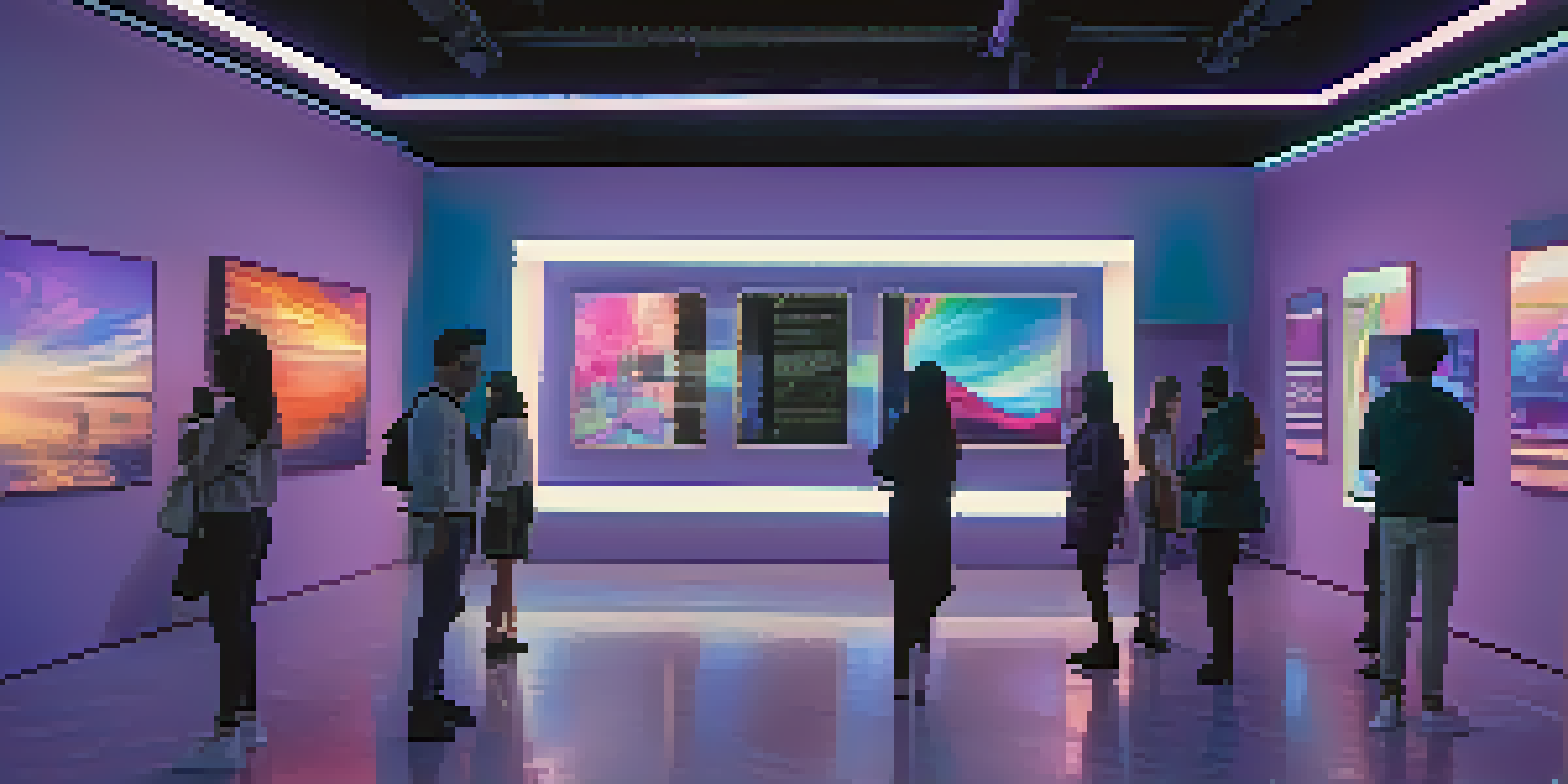 A digital art gallery filled with colorful NFTs displayed on screens, with people admiring the artwork in a softly lit environment.