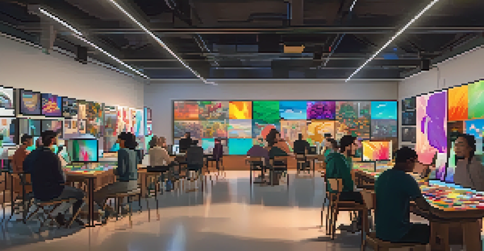 A lively community art space where diverse artists are collaborating on digital art projects with colorful artwork and digital screens displaying NFTs.