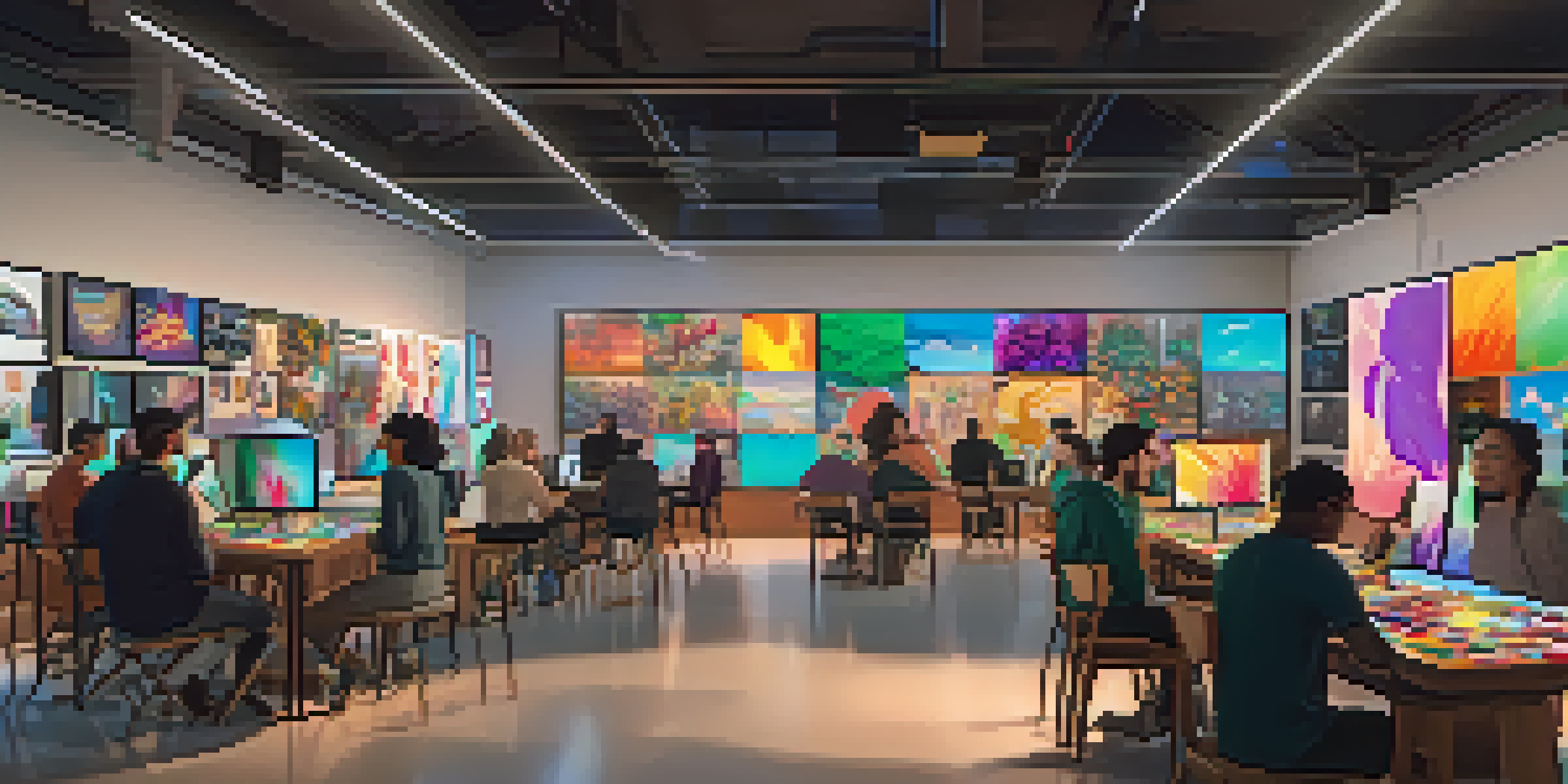 A lively community art space where diverse artists are collaborating on digital art projects with colorful artwork and digital screens displaying NFTs.