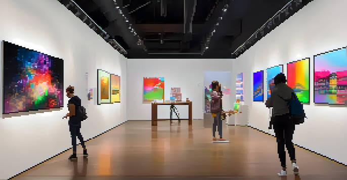 A digital art gallery filled with diverse individuals engaging with various artworks, featuring high contrast colors and clear signage for accessibility.