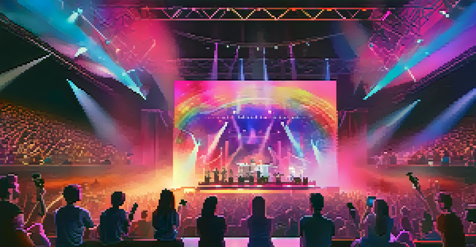A virtual concert scene with a holographic stage and an enthusiastic audience enjoying the performance.