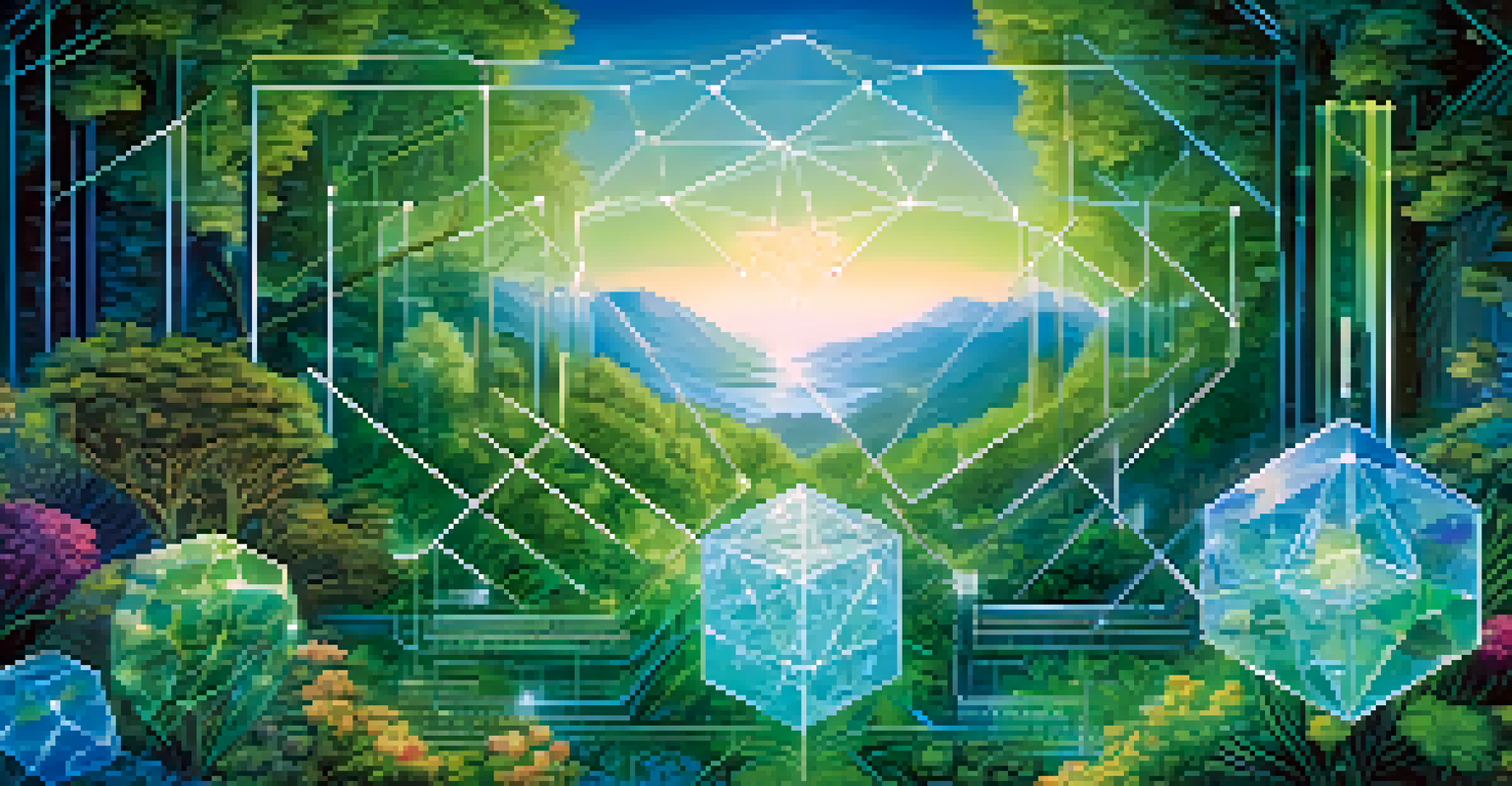 An abstract representation of blockchain technology with interconnected nodes and digital assets surrounded by nature.