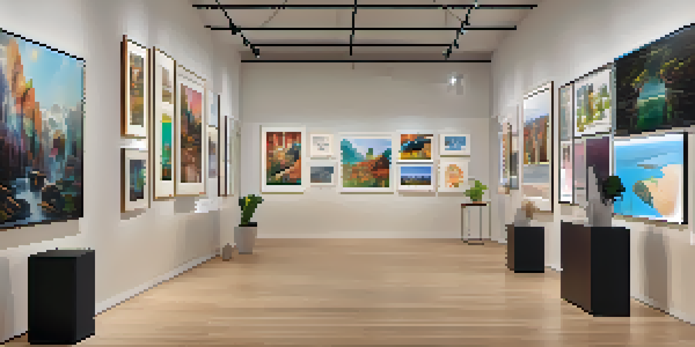 A digital art gallery filled with colorful NFT artworks displayed on organized walls, with warm lighting and users exploring the space.