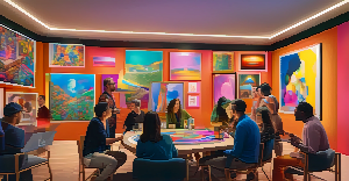 A diverse group of NFT collectors in a virtual gallery discussing colorful abstract artworks.