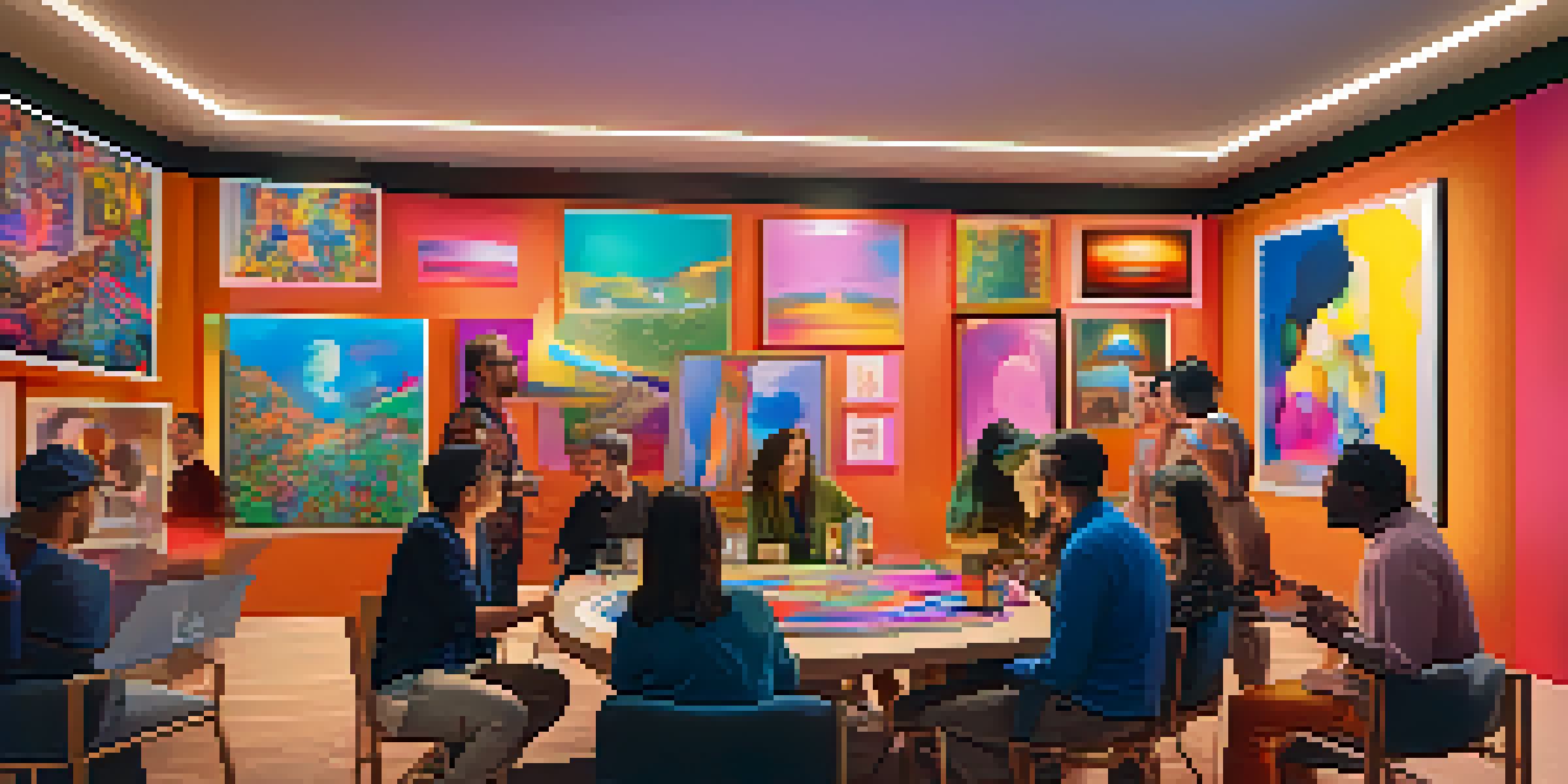A diverse group of NFT collectors in a virtual gallery discussing colorful abstract artworks.