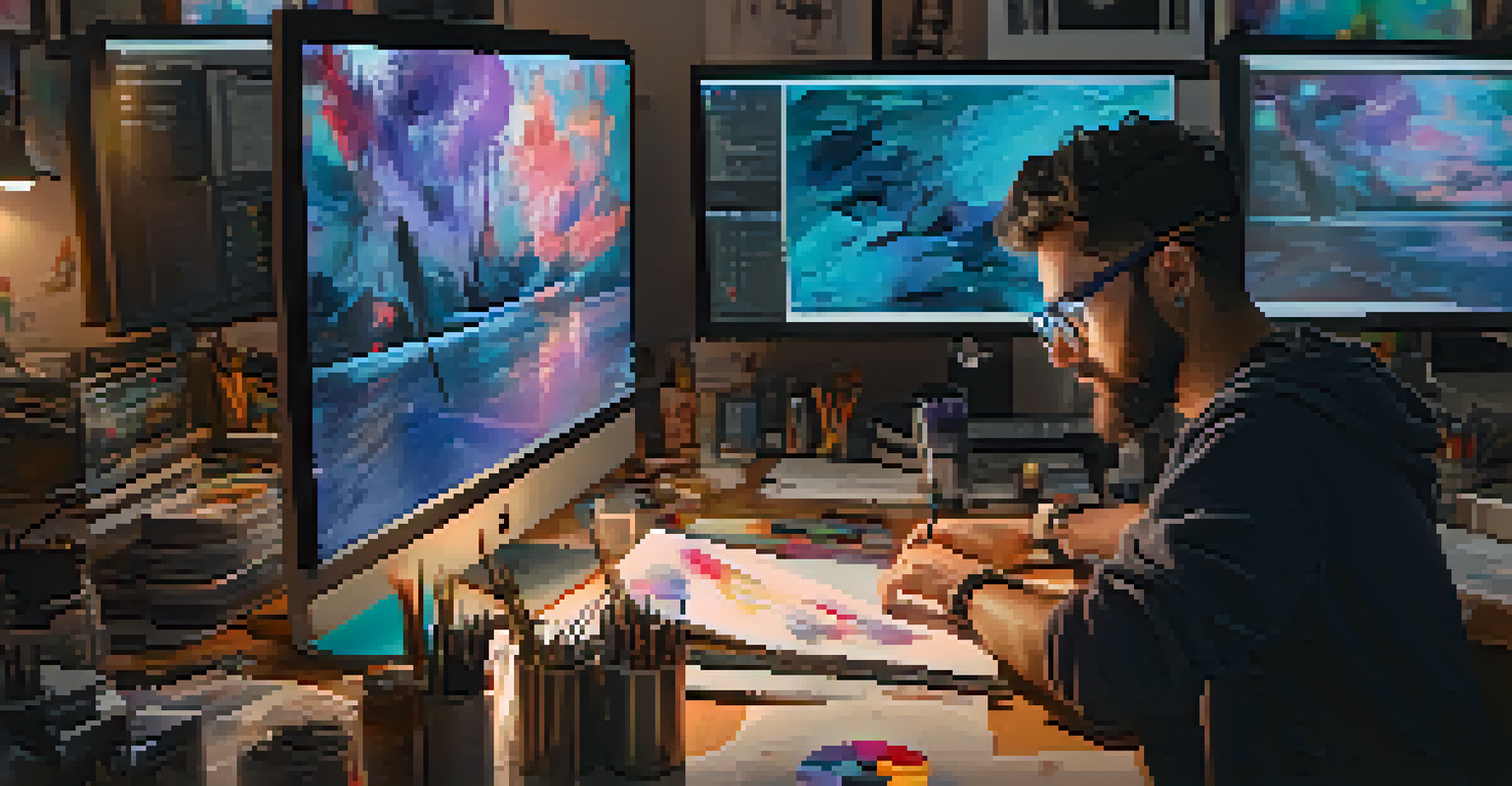 A digital artist working on their NFTs with multiple screens showing colorful digital art.