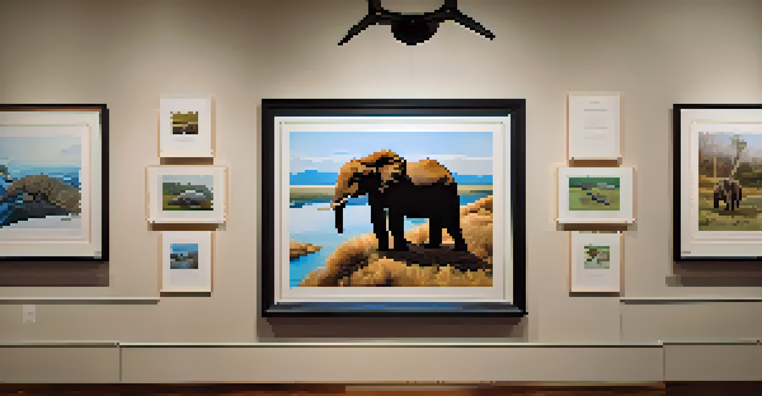 Endangered wildlife NFT artworks displayed in an art gallery, highlighting conservation efforts.