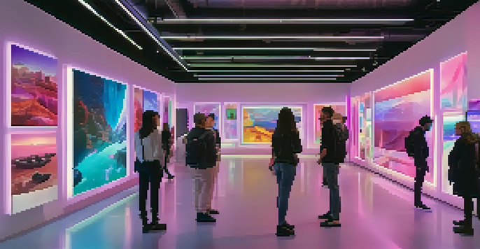 A digital art gallery filled with people viewing various NFTs on screens, illuminated with colorful lights.
