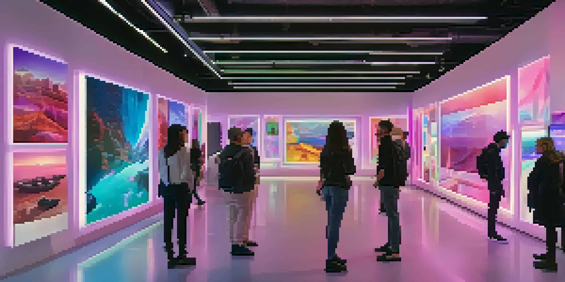 A digital art gallery filled with people viewing various NFTs on screens, illuminated with colorful lights.